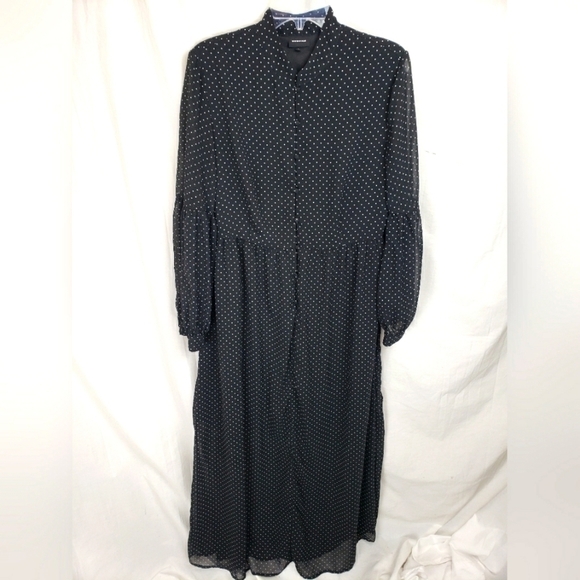 Who What Wear Black Polka Dotted Sheer Sleeve Button Up Maxi Dress w/Slip Sz L - Picture 1 of 9